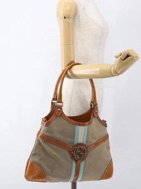GUCCI Shoulder Bag Canvas Beige Silver 114875 Auth 169627